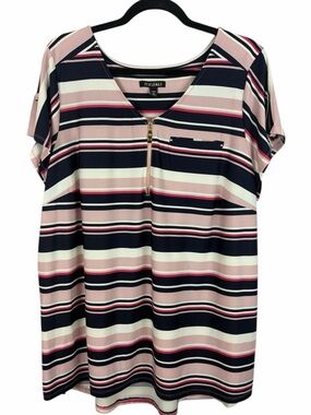 Roz & Ali 2X Striped Zip Front Blouse Pink Navy White Business Casual Top